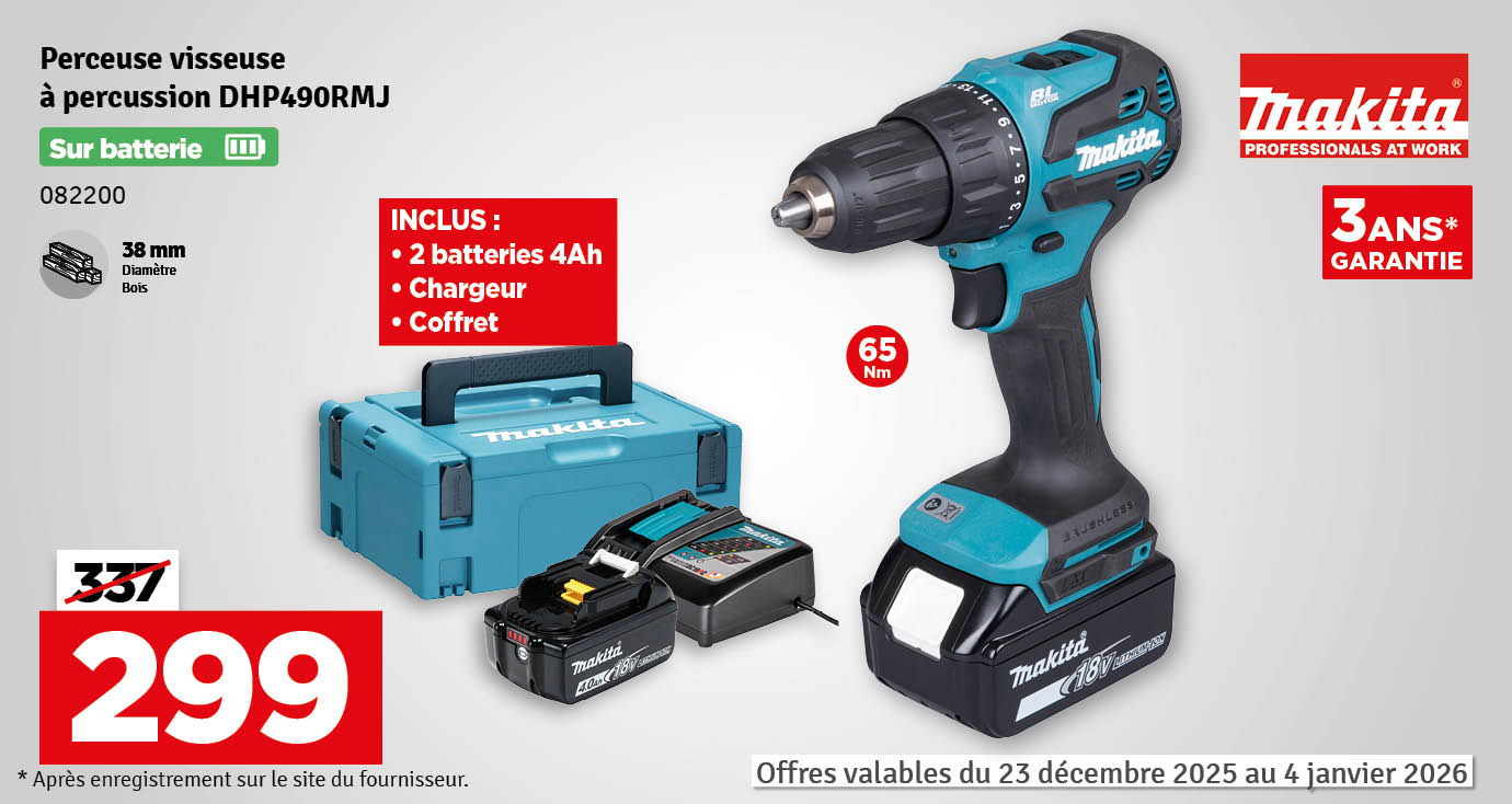 Perceuse visseuse à percussion sur batterie DHP490RMJ 2 x 4 Ah 18 V MAKITA